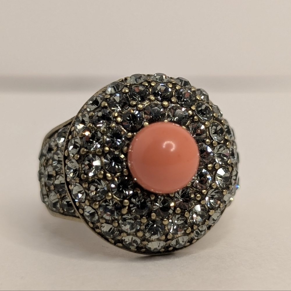 Vintage Heidi Daus Coral Swavorski Crystal Bronze Cocktail Ring Size 6 3/4